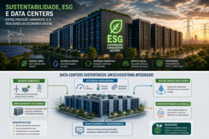 Infraestrutura energética de Data Center integrada a fontes renováveis, destacando sustentabilidade, ESG e eficiência na economia digital