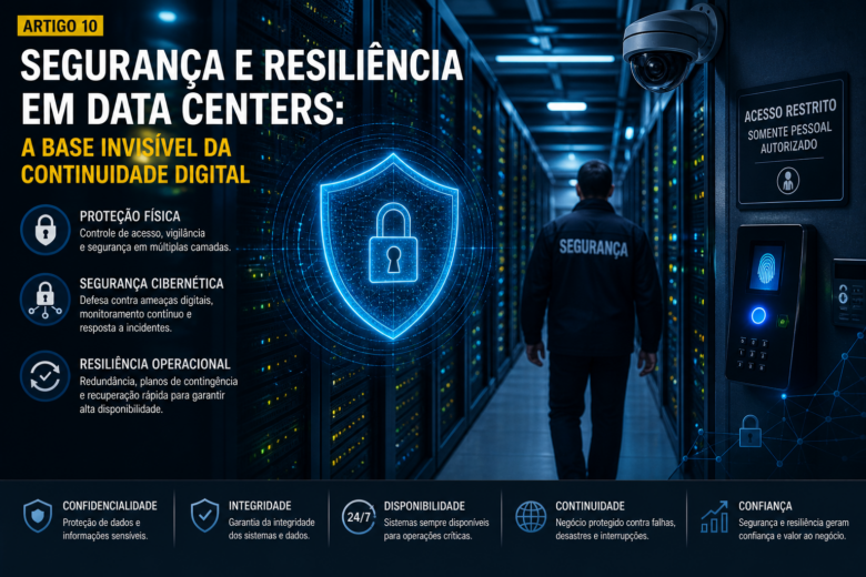 Infraestrutura de Data Center com múltiplas camadas de segurança física e digital